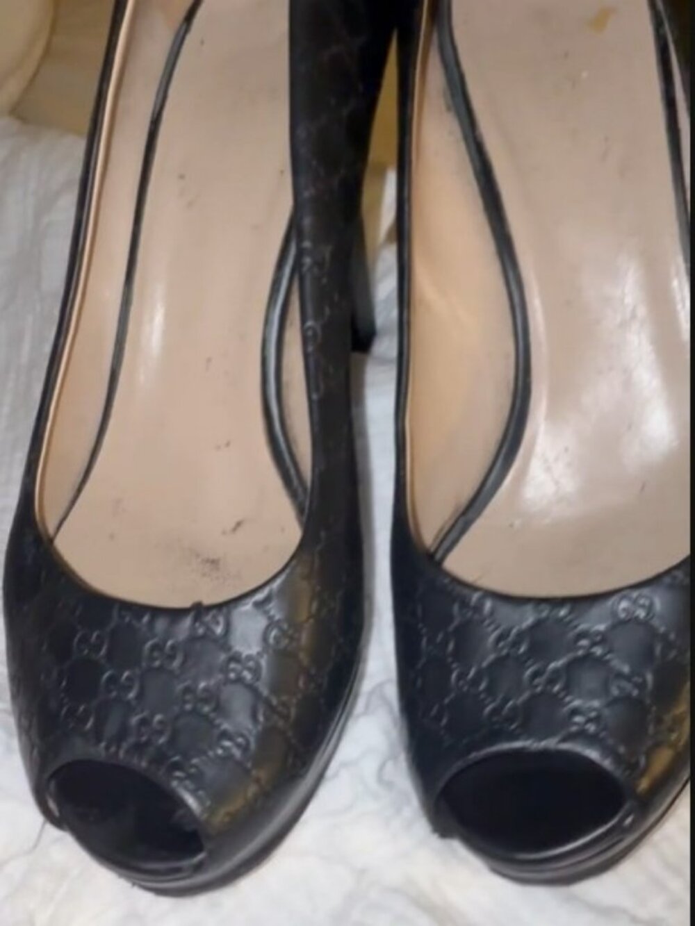 Gucci Black Peep=toe Block Heels Embossed Pumps Monogram Guccissima - Picture 7 of 10